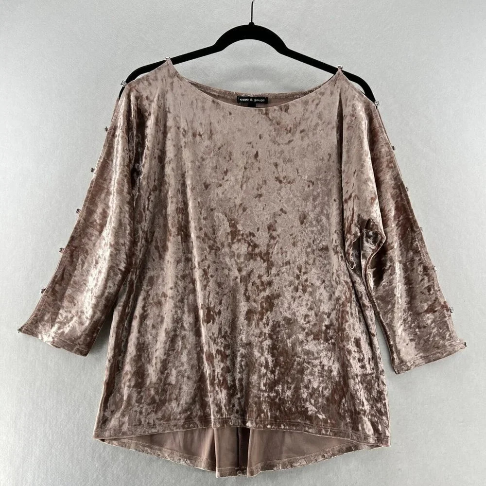 Cable & Gauge Velvet Blouse Womens Size M Rhinestone Dolman Slit Sleeve Pink